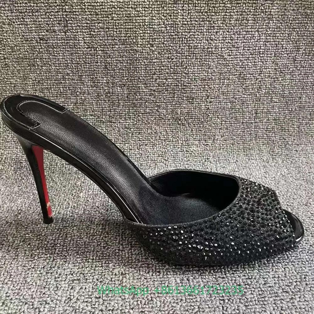 Fashion Crystal Bling Bling Women Slippers Slip-On Peep Toe Stiletto Heel Shiny Sandals Summer Fashion Party Rhinestone Sexy Slides