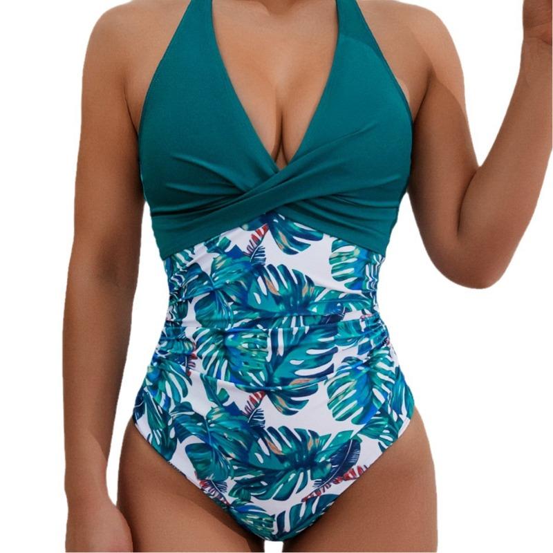 New printed lace-up halter high-waisted one-piece sexy bikini swimsuit swimsuit women