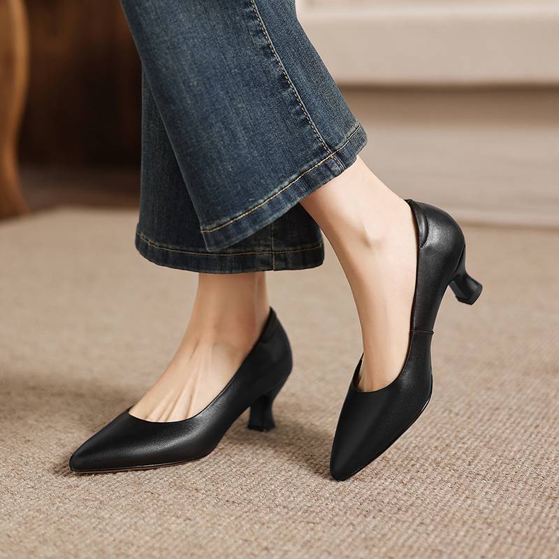 Krazing Pot Genuine Leather Round Toe Thin Heels Summer Shoes Solid Big Size 42 Shallow Decoration Women Shallow Pumps