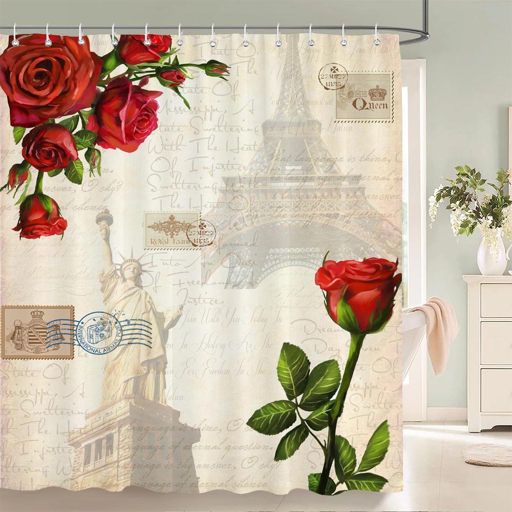 1 Pack European Retro Architecture Flower Style Shower Curtain Partition Bathroom Curtain With Hooks Home Decorative Curtain