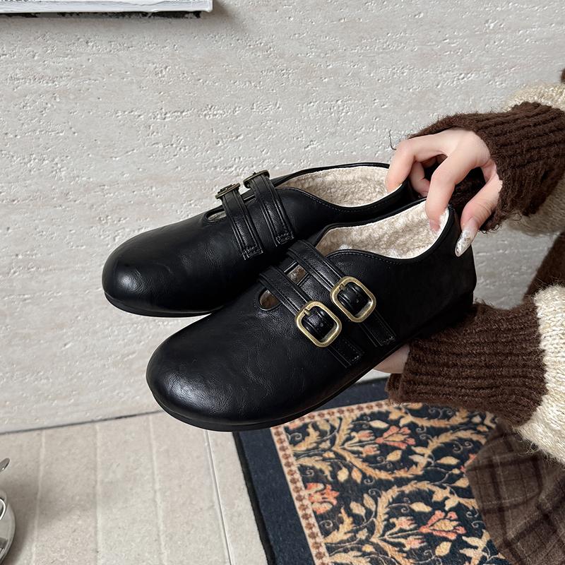Warm Cotton Women Ballet Flats Comfort Soft Sole Short Plush Mary Jane Shoes Outdoor Grandma's shoes For Autumn Winter