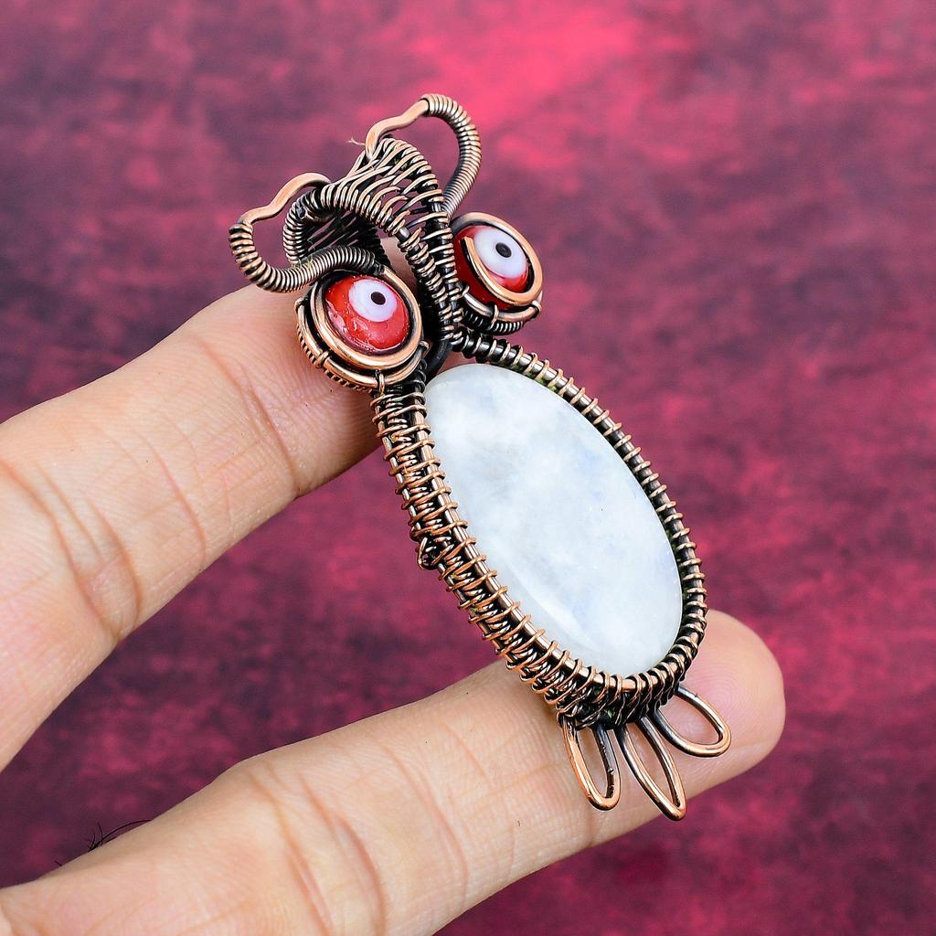 Rainbow Moonstone & Red Color Evil Eye Pendant Copper Wire Wrapped Owl Jewelry