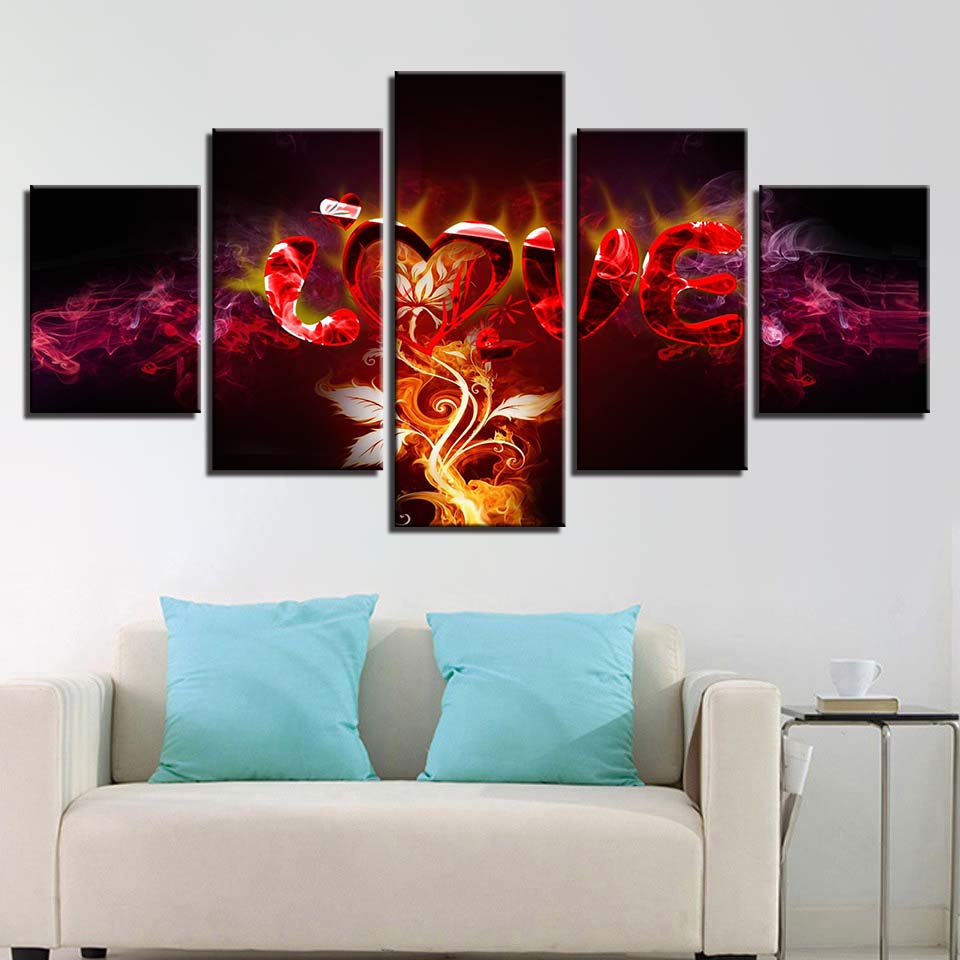 Modern HD Printed Wall Art Framework Canvas Pictures 5 Pieces Abstract Flame Vine LOVE Paintings Posters Home Decor Living Room