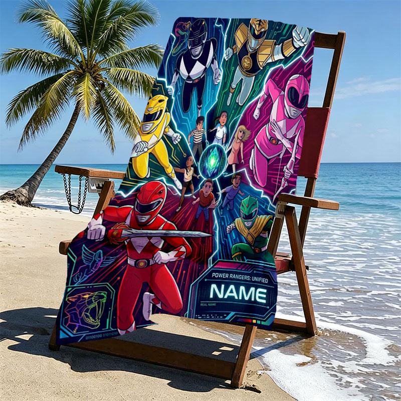 Custom Name Personalized Power Rangers Print Beach Towel, for Trip Camping Beach Party Home Decor, Birthday Gift for Family & Friends