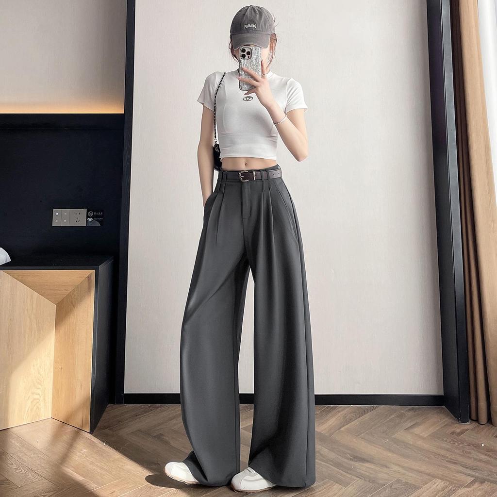 2026 Spring/Summer Women's High-Waisted Wide-Leg White Pants - Casual, Slimming, Lazy Style