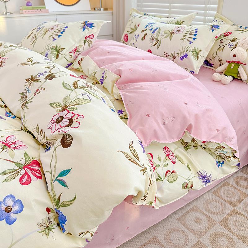 Washed Cotton 4Pcs Set, Spring And Autumn 1.8M Bed Sheet Double Quilt Set 3Pcs Home Textile