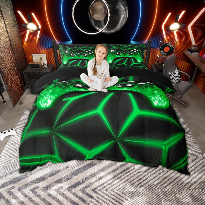 Homewish Feuerflamme Gamepad Druck Bettbezug Set Für Teenager Jungen Videospiel Thema Bettwäsche Set Geometrisch Neonlicht Bettbezug