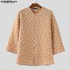 INCERUN Oversized Men Collarless 3/4 Sleeve Flowers Texture Casual Tunic Tops Shirts