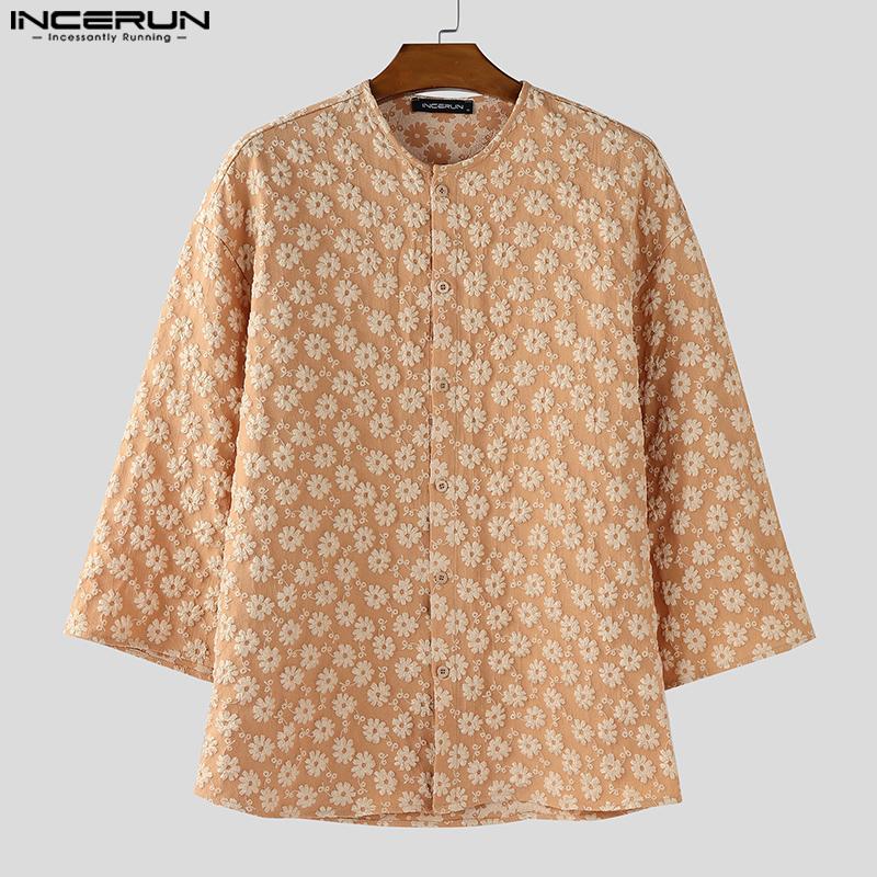 INCERUN Oversized Men Collarless 3/4 Sleeve Flowers Texture Casual Tunic Tops Shirts