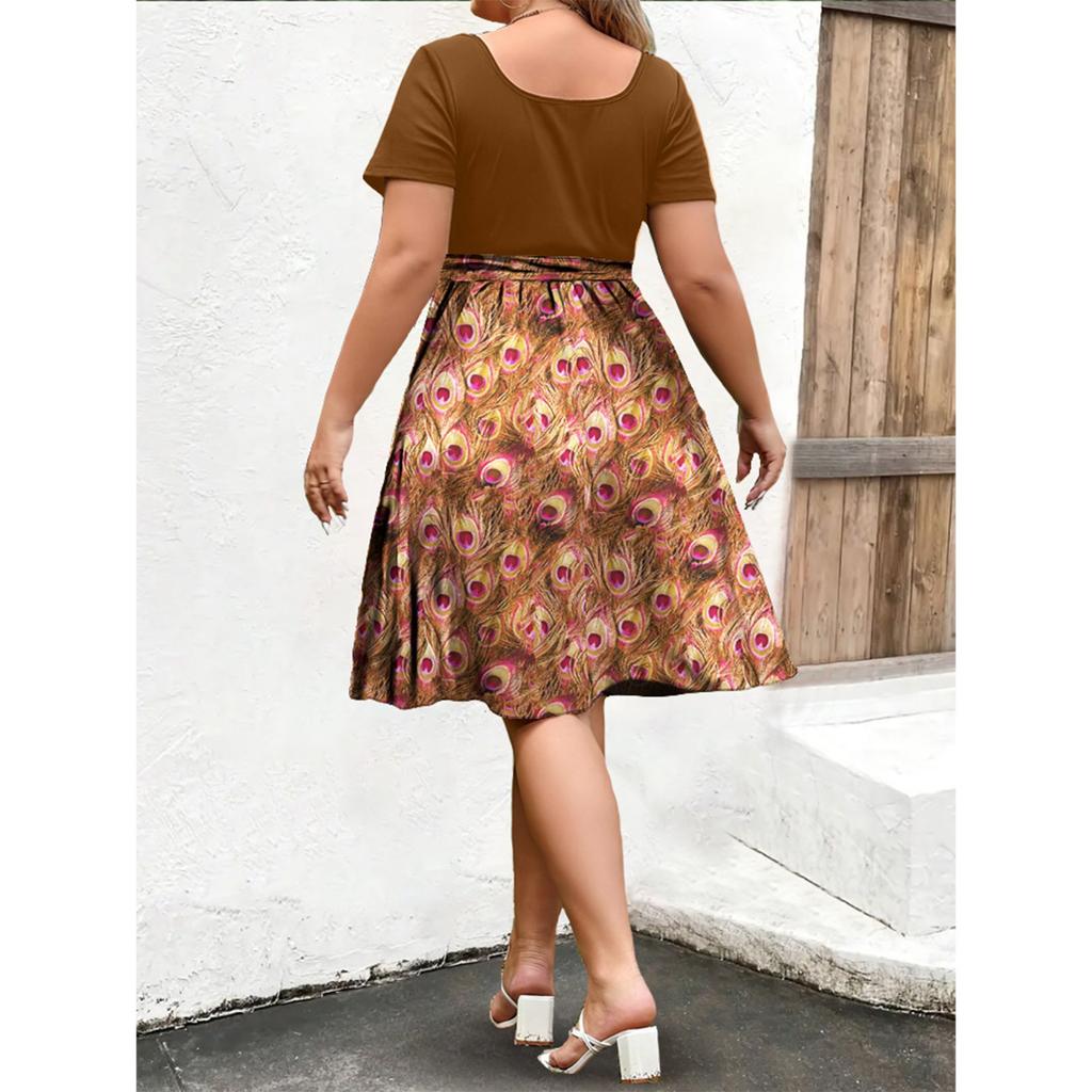 Women's Fashionable And Trendy Round Neck Short Sleeved Waist Print Dress In Plus Size