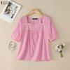 ZANZEA Women Casual Square Collar Short Sleeve Patchwork Crochet Blouse