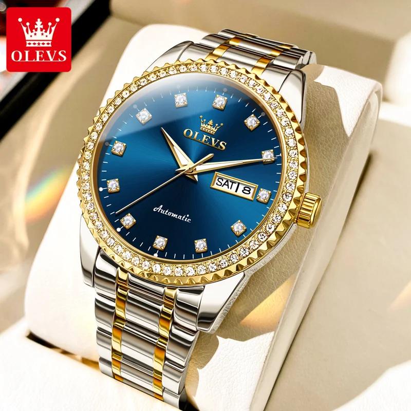 OLEVS Men's Watch Luxury Brand Diamond Automatic Mechanical Watch Stainless Steel Waterproof Calendar Business Men's Watch