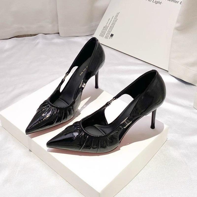 Fashion 2025 New Sexy Women Kitten Heels Pumps Shoes Slingbacks Sandals Leather Pointed Toe Pleated Simple Shoe Office Black Red