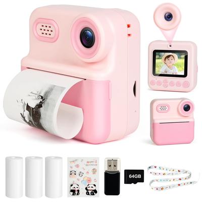 Cámara de impresión para niños instantánea digital pantalla IPS de 2,4 pulgadas viene con tarjeta SD de 64 GB incluye 3 rollos de papel térmico carga USB manual de instrucciones en japonés.