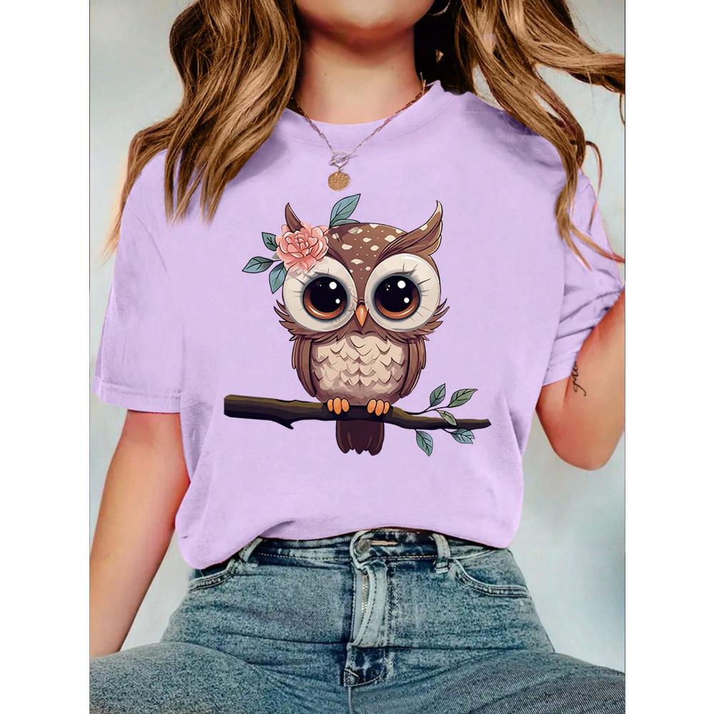 Women's Summer Cartoon Owl Printed Round Neck Short Sleeve Casual T-Shirt