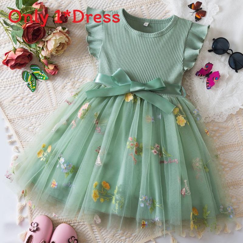Summer Girl Flower Embroidered Mesh Dress With Bow For Toddler Girls