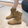 Soft Leather French Retro Pleated Thick Heel Piled Boots Women's 2026 Autumn and Winter New Thin Western Cowboy Short Boots