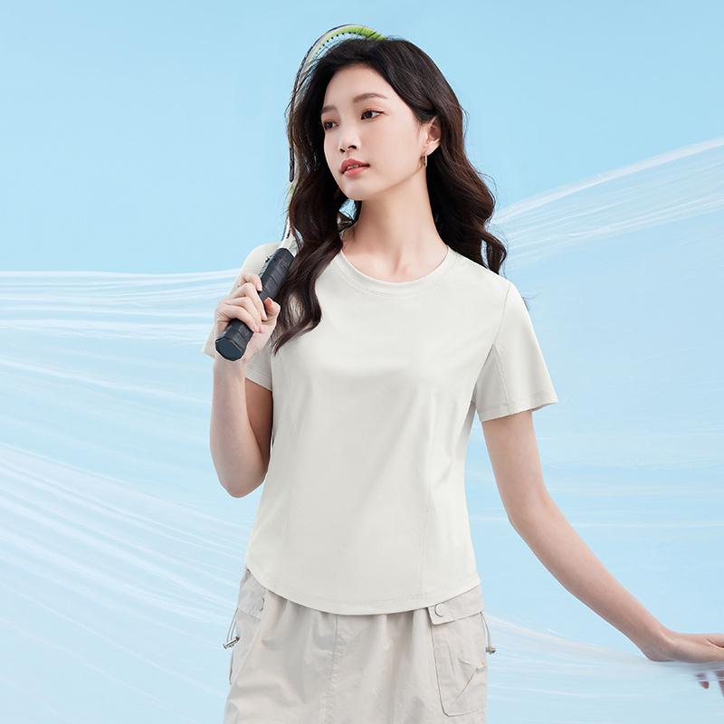Sports Sunscreen Outdoor T-shirt Women's Summer Lightweight Breathable Ice Feeling Short T-shirt Solid Color Fishbone Short Sleeve Top JS