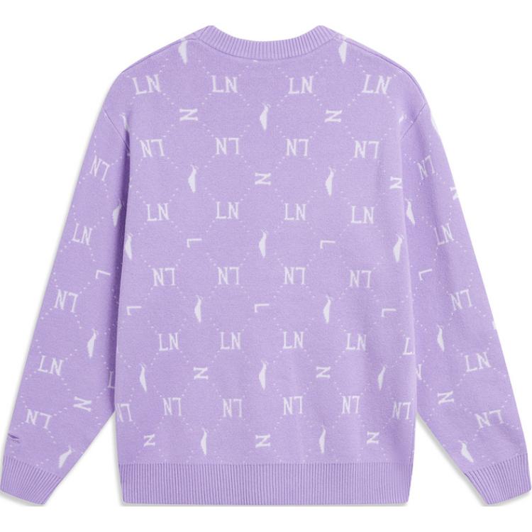 Li Ning Allover-Print Buchstaben Rundhals Bequemer Atmungsaktiver Locker Gestrickter Pullover Damen Oberteile Rosé-Lila AMBT216-2