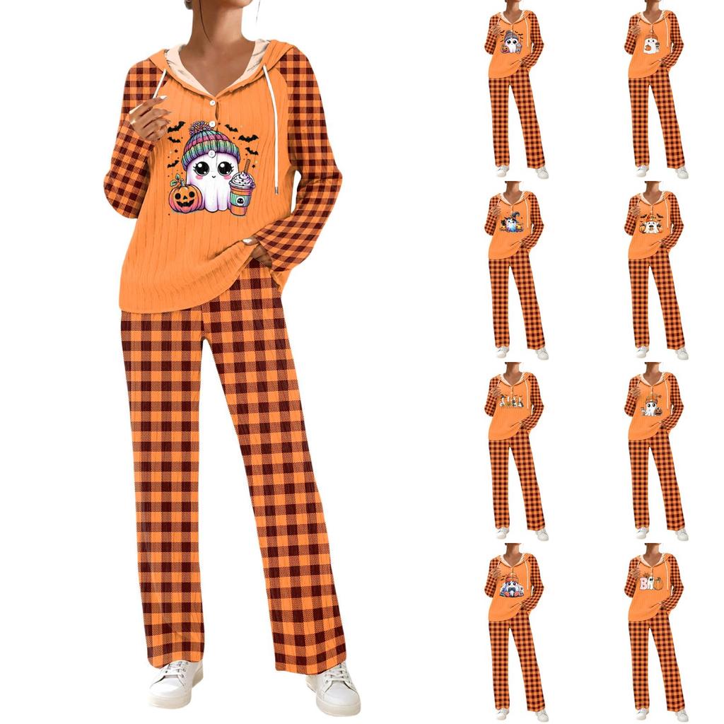 Women's Casual Loose Fit Hooded Long Sleeve V-Neck Pajama Set with Pockets, Halloween Print Loungewear Sleepwear Set