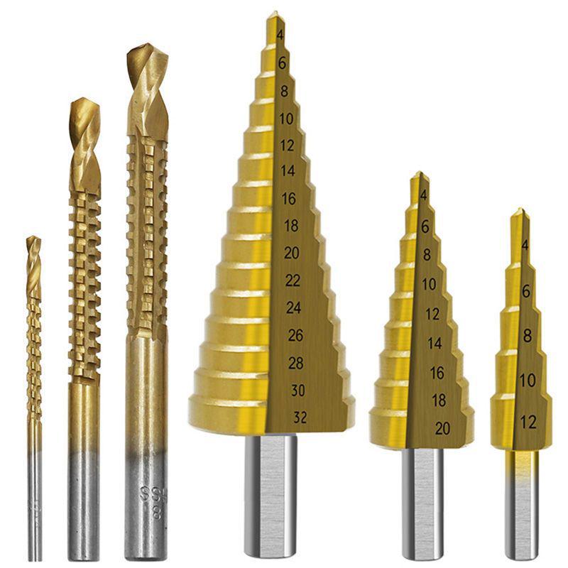 6-Piece Titanium Step Drill Bit Set for Woodworking and Grooving with Plastic Box