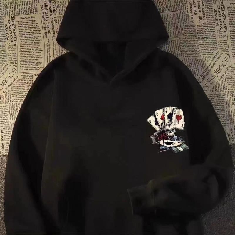 Autumn Men Pullover Hoodie Oversized Sweatshirt Fashion Loose Skeleton Poker Print Long Sleeve Couple Clothes