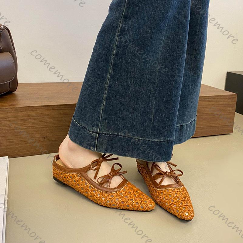 Comemore Women Weave Slippers Lace Up Middle Heel Sandals Casual Solid Woman Shoes Summer New Baotou Half Mules Shallow Slides