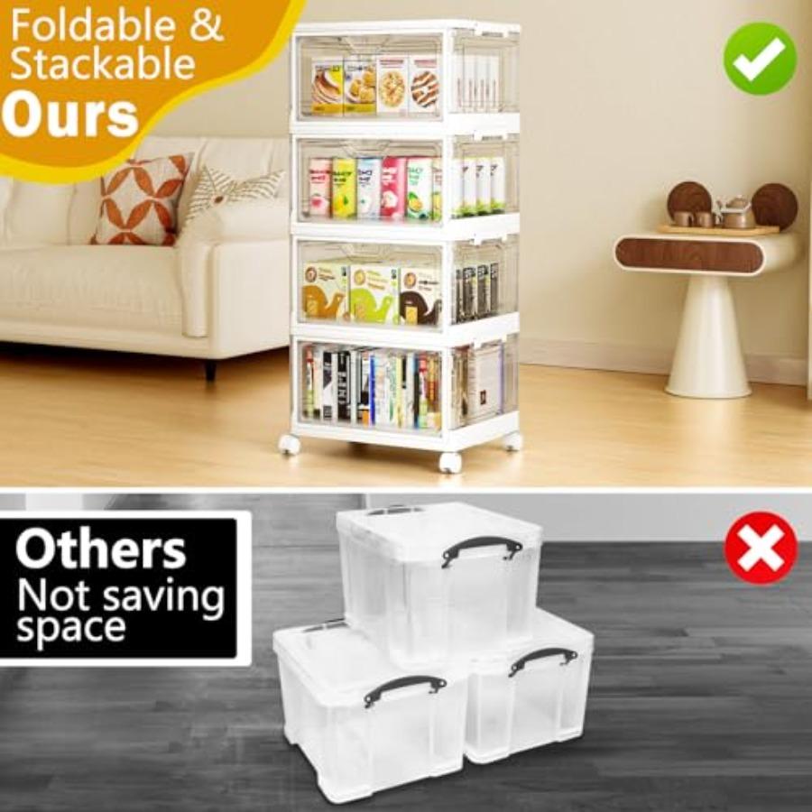 Portable Clear Storage Bins with Lid and Wheels 24QT Stackable Plastic Bins with Magnetic Doors for Bedroom Living Room Office