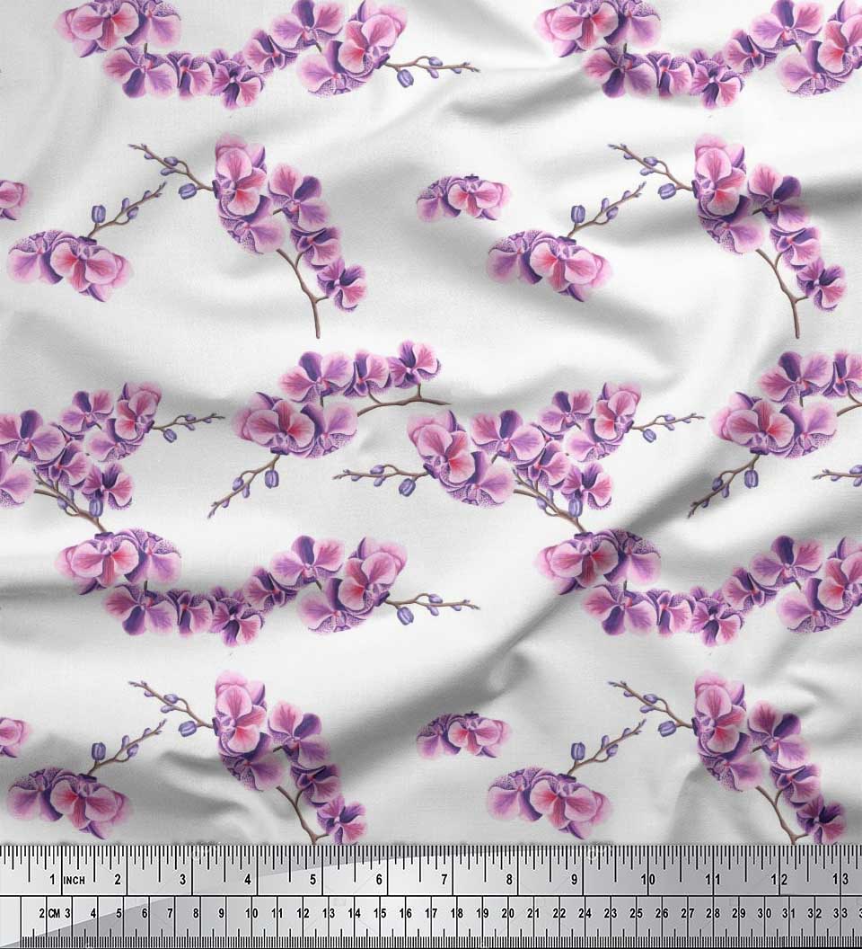 

Тканина для рукоділля Soimoi Japan Crepe Satin Orchid Floral Printed на метр 42 дюйма 42 Inch Wide - Poly Crepe білий