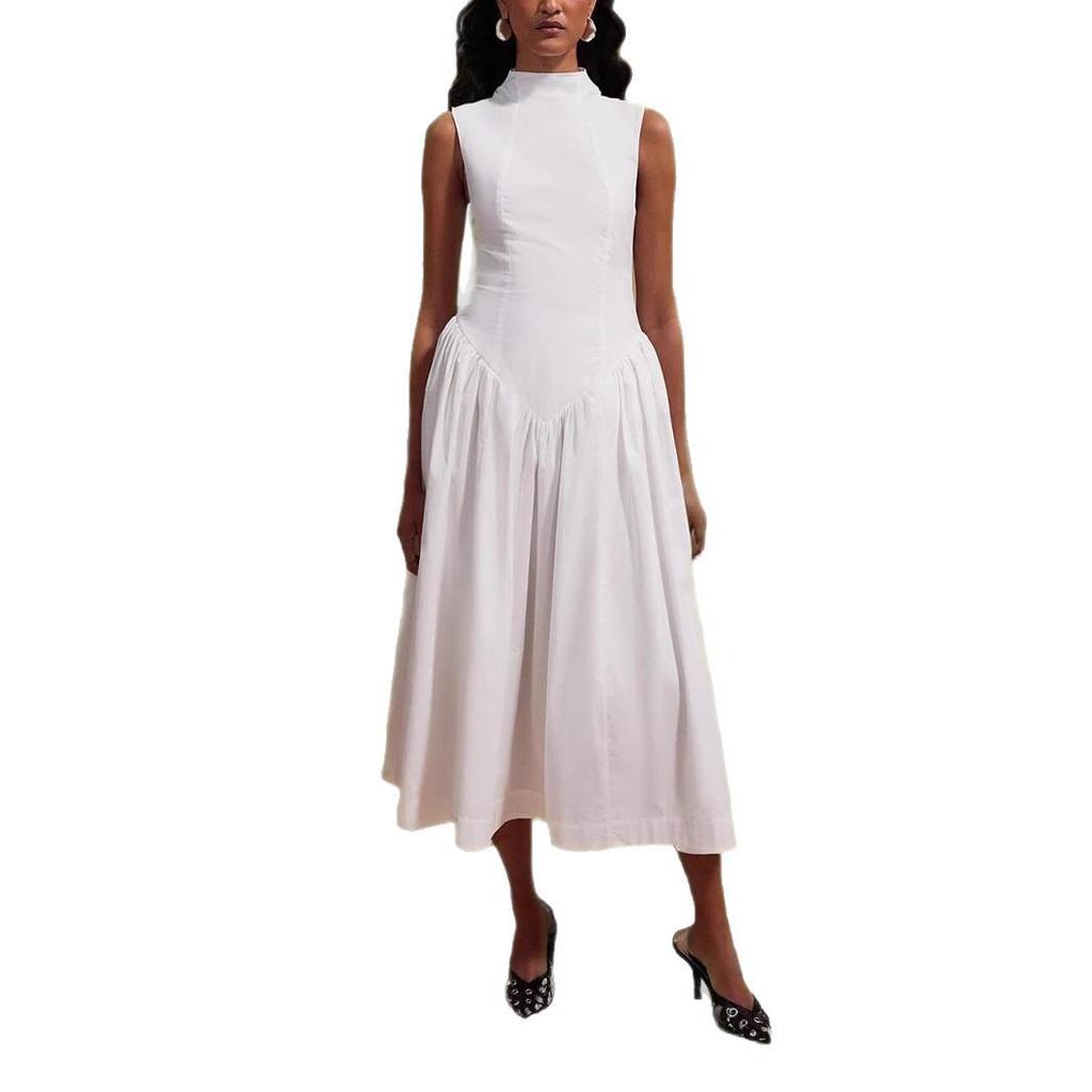 2025 Sommer Europäisches & Amerikanisches Damen Ärmelloses Kleid mit Hohem Kragen Einfarbig Taillenbetont