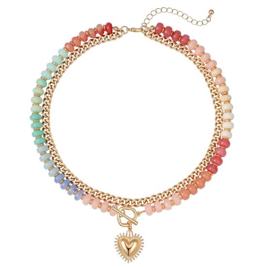 Preppy Aesthetic Beaded Necklace Women Layered Necklace, Heart Pendant Colorful Bohemian Choker Jewelry for Summer Beach Party