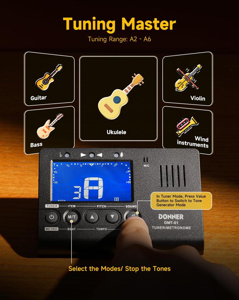 Donner Digital and Tone Generator for and Chromatic Instruments DMT-01 3-in-1 Metronome, Tuner, Guitar, Piano, Trumpet,