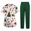 Women's Uniform Set with Short Sleeve Christmas Print Top and Pants, Two Piece Caregiver with Pockets