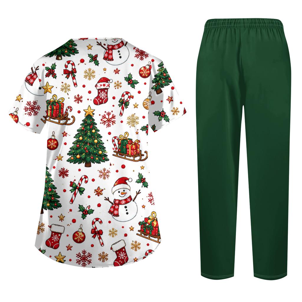 Women's Uniform Set with Short Sleeve Christmas Print Top and Pants, Two Piece Caregiver with Pockets