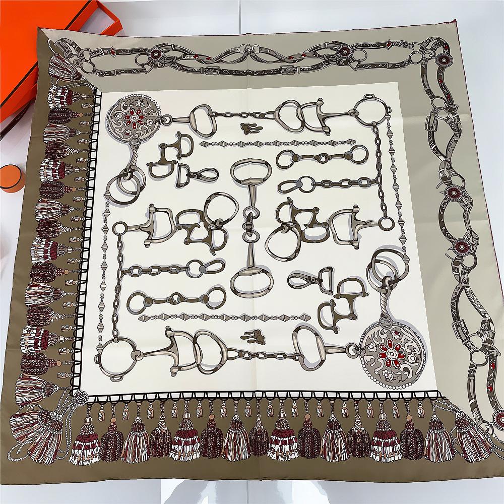 90CM Manual Hand Rolled Twill Silk Scarf Women Tassel Chain Print Square Scarves Wraps Echarpe Curled Foulards Femme Hijabs