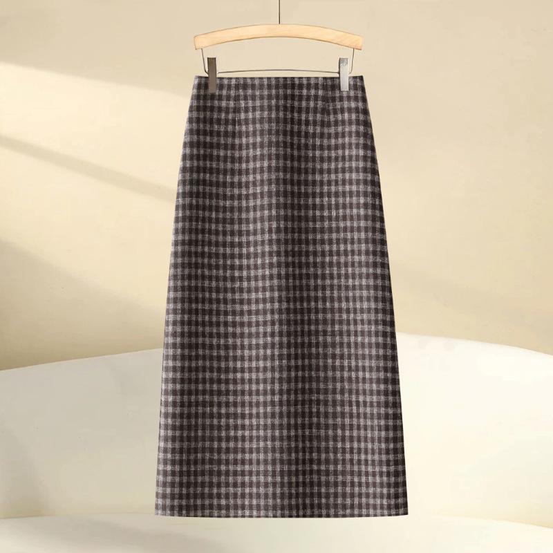 Winter 2025 Women's High-Waisted Wool Plaid A-Line Mid-Length Skirt