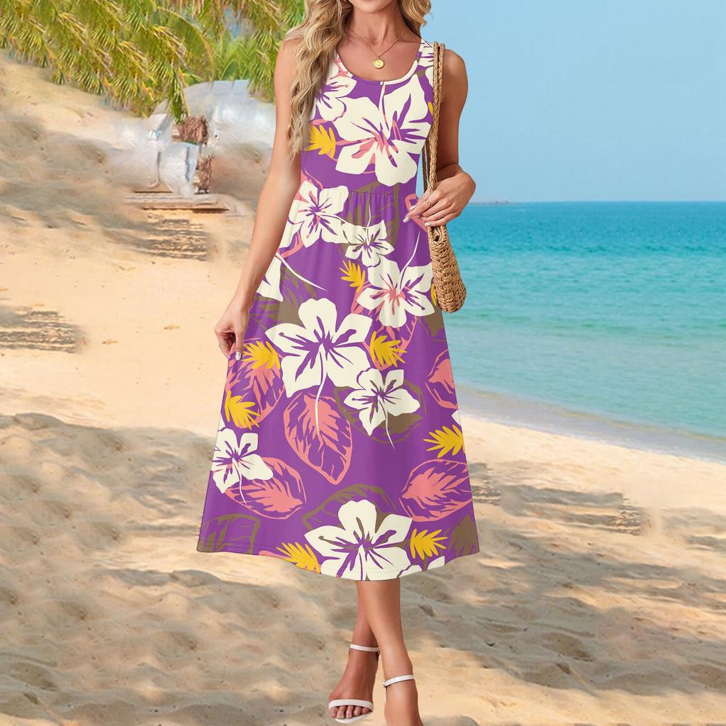 Fashionable Women's Summer Dress with Gradient Print, Elegant Casual Wear, Beach Vacation Sun Skirt with Pocket