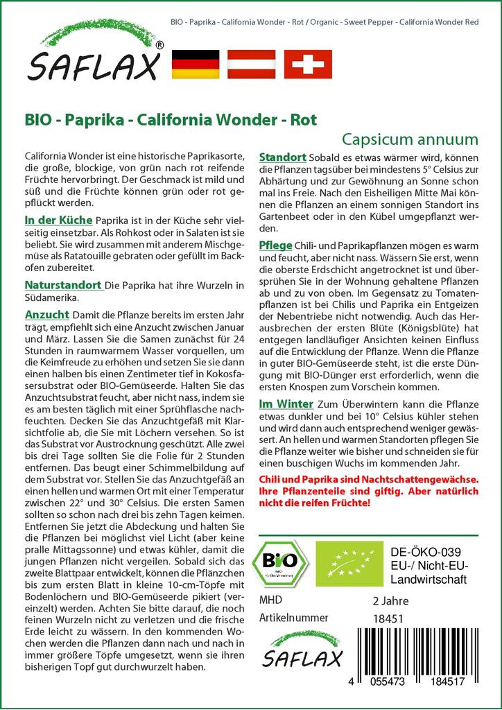 SAFLAX Garden In the Bag - Organic - Sweet Pepper - California Wonder Red - 20 Seeds - With Substrate In a Fitting Stand Up Bag - Capsicum Annuum