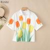 Women Casual Turn Down Collar Loose Floral Print Short Sleeve Blouse