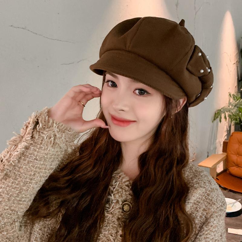 Hat Female Japanese Early Autumn Thin Octagonal Hat Versatile Pearl Bow Big Head Circumference Showing Face Small Newsboy Hat