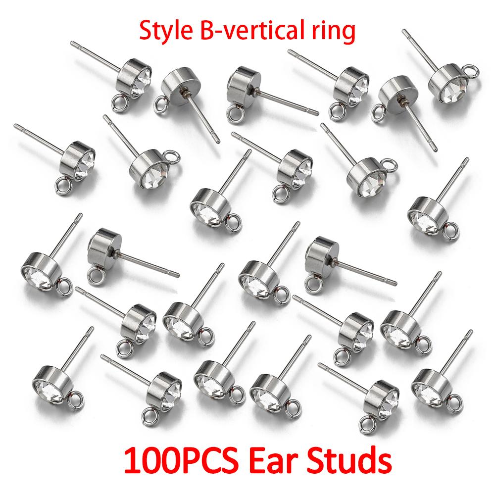 100pcs/20pcs 4mm Stainless Steel Ear Studs Rhinestone Earring Posts with Loop Rings for Earrings Jewelry Making DIY Wholesale