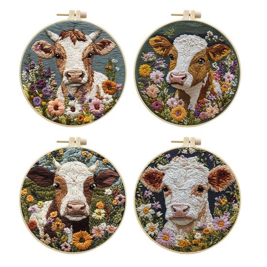 Punch Needle Embroidery Kit Cartoon Highland Cow DIY Embroidery Set with Hoop Punch Needle Starter Craft Kit for Adults And Children