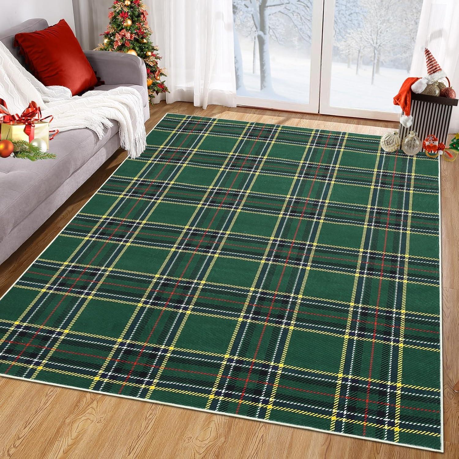 

Christmas Living Room Carpet Machine Washable Non-slip Floor Mat Green Plaid Lines Rug Christmas Gift Home Decoration Mats 50x80cm