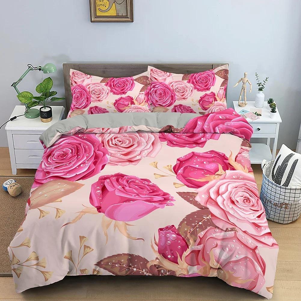 3D Rose Flower Duvet Cover King Size 210x210cm Polyester Bedding Set 23pcs with Zipper Closure