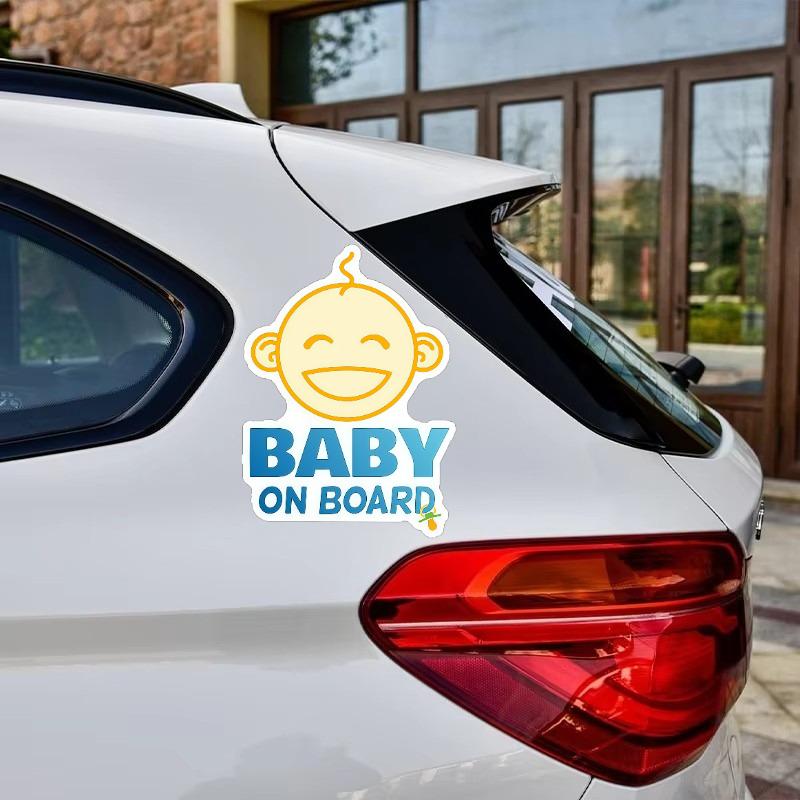 Baby On Board Car Sticker - Smiling Infant Face Design, Blue & Yellow Text, Waterproof Decal for Car Window Safety Reminder