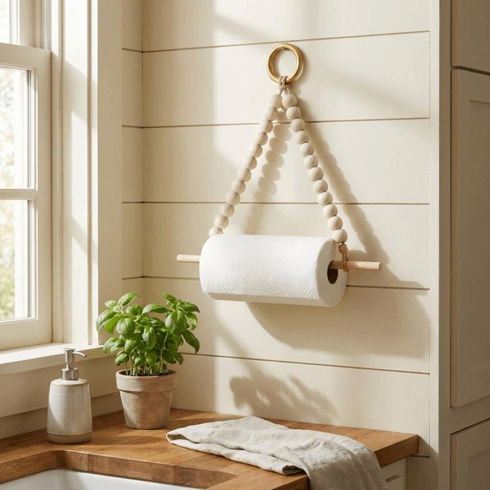 Non Punching Bead Paper Roll Holder Wall Mounted Space Saving Tissue Holder Boho Rustic Roll Paper Holder Kitchen