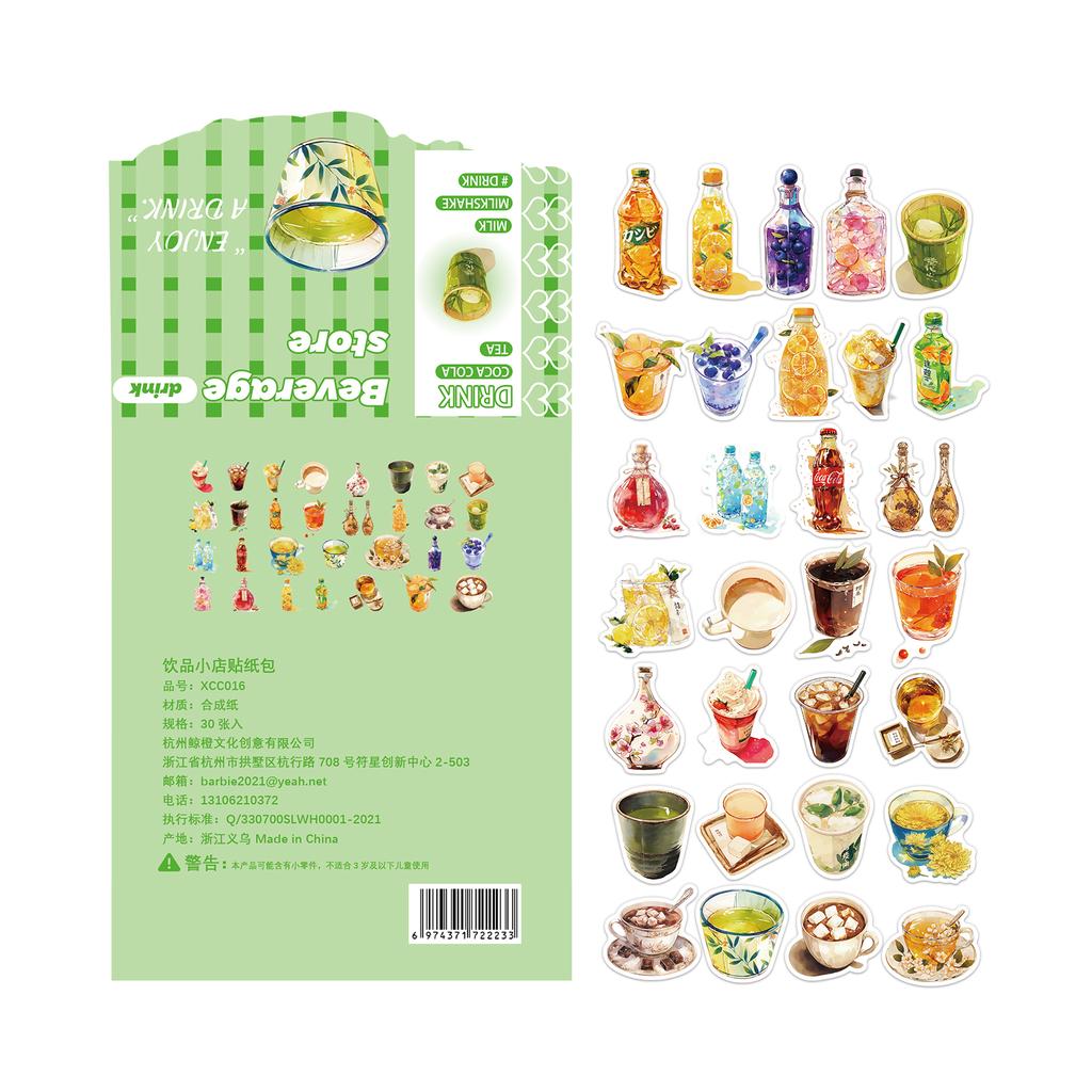 30PCS Drink Shop Series DIY Stickers Exquisite Fruit Tea Coffee Small Fresh Beverage Pattern Notebook Sticker