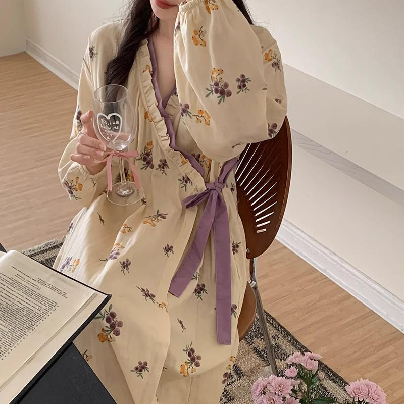 Women's Cloud Cotton Belted Pajama Dress - Cardigan Style, Stretchy, Breathable, One Size Fits All, Perfect for Casual Home Wear