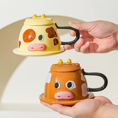 Kreative Niedliche Cartoon Dreidimensionale Kuh Paar Wasserbecher Keramiktasse mit Deckel Puppe Niedlicher Haustierbecher Kaffeebecher