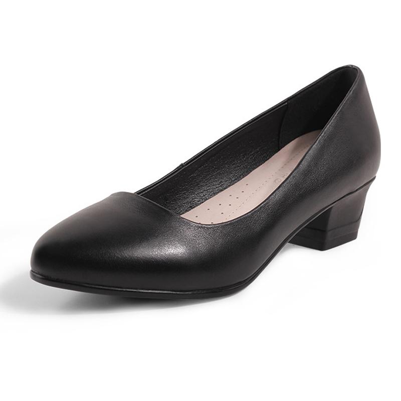 

Women Genuine Leather Square Heel Shoes Office Business Shallow Mouth Single Shoes Flight Attendant Party Banquet Commuter Pumps 42 чорний
